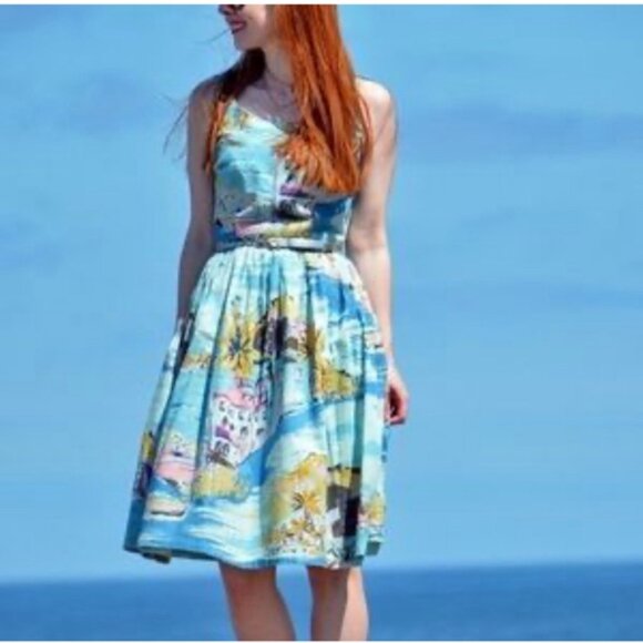 Boden Nancy Dress Rivera Print Fit & Flare Size 14 Linen Look Retro Style - Picture 3 of 9